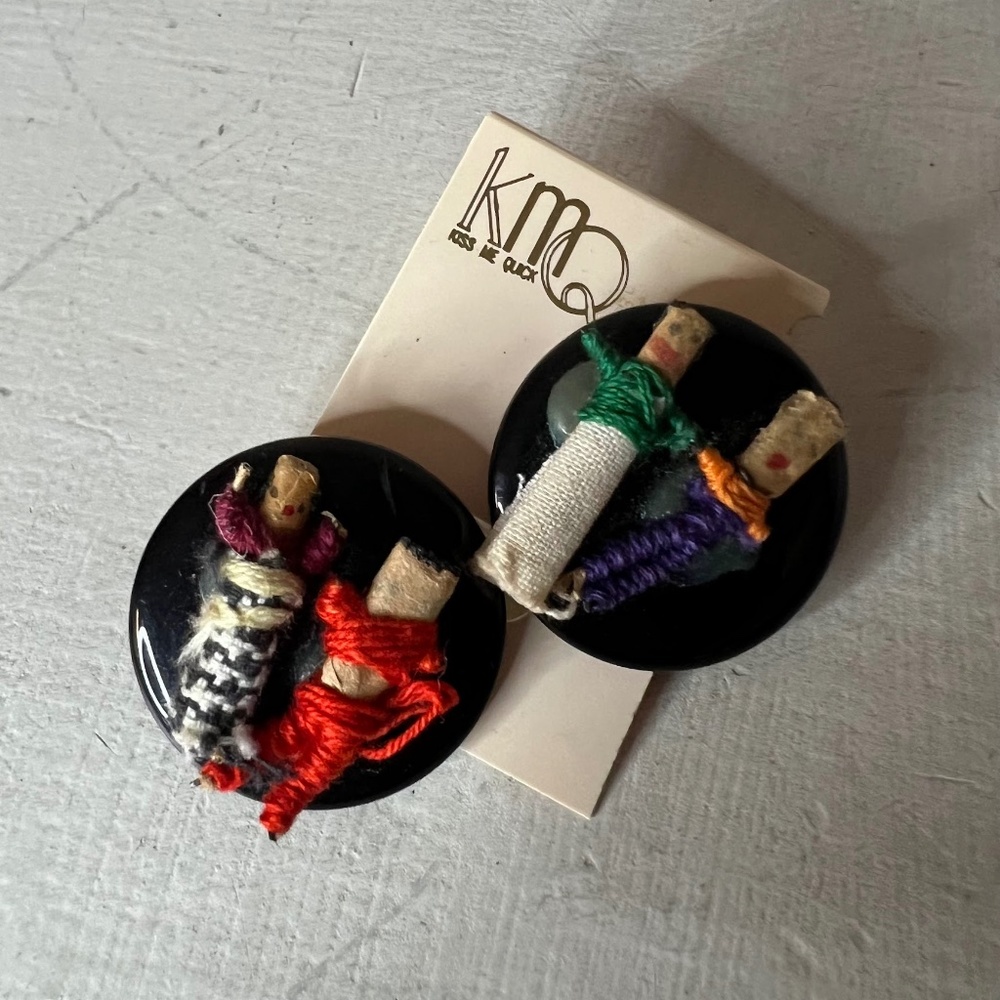 Vintage Worry Doll Earrings Post Round Disc Inca Peru Guatemala Jewelry Boho